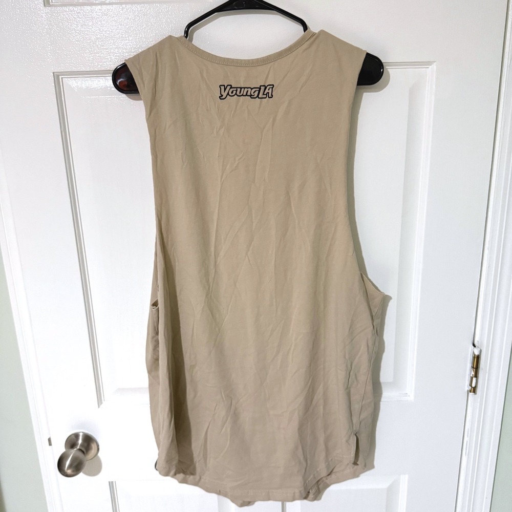 YoungLA Mens Muscle Tank Top XL Tan Beige Drop Armhole Gym Shirt Cotton